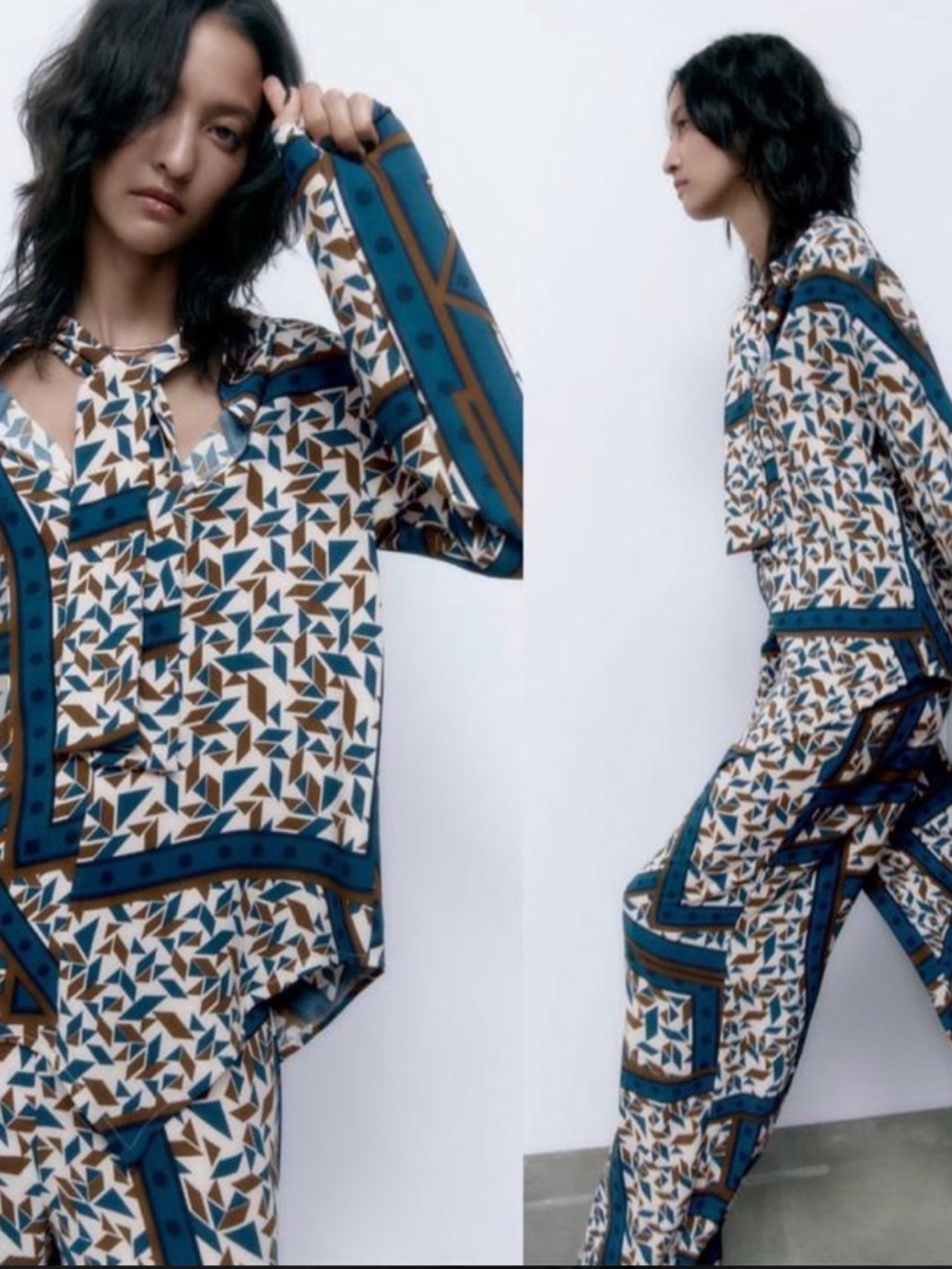 ✨ Zara Printed Blue/Brown Pants Set